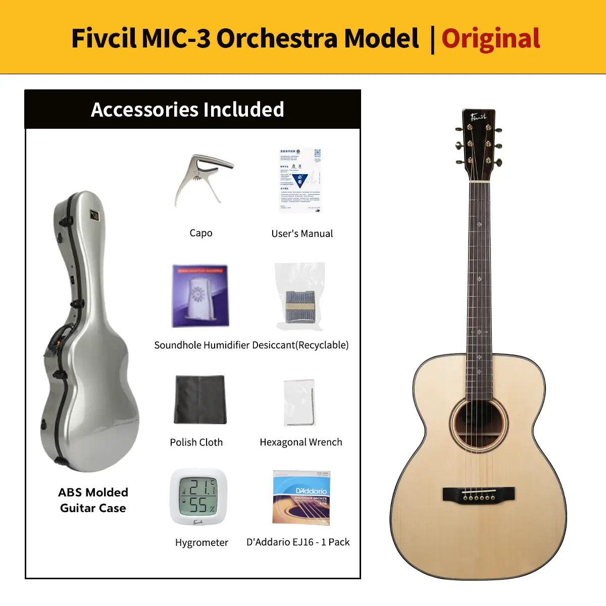 Fivcil MIC-3 Adirondack/Cuban Mahogany Acoustic Guitar