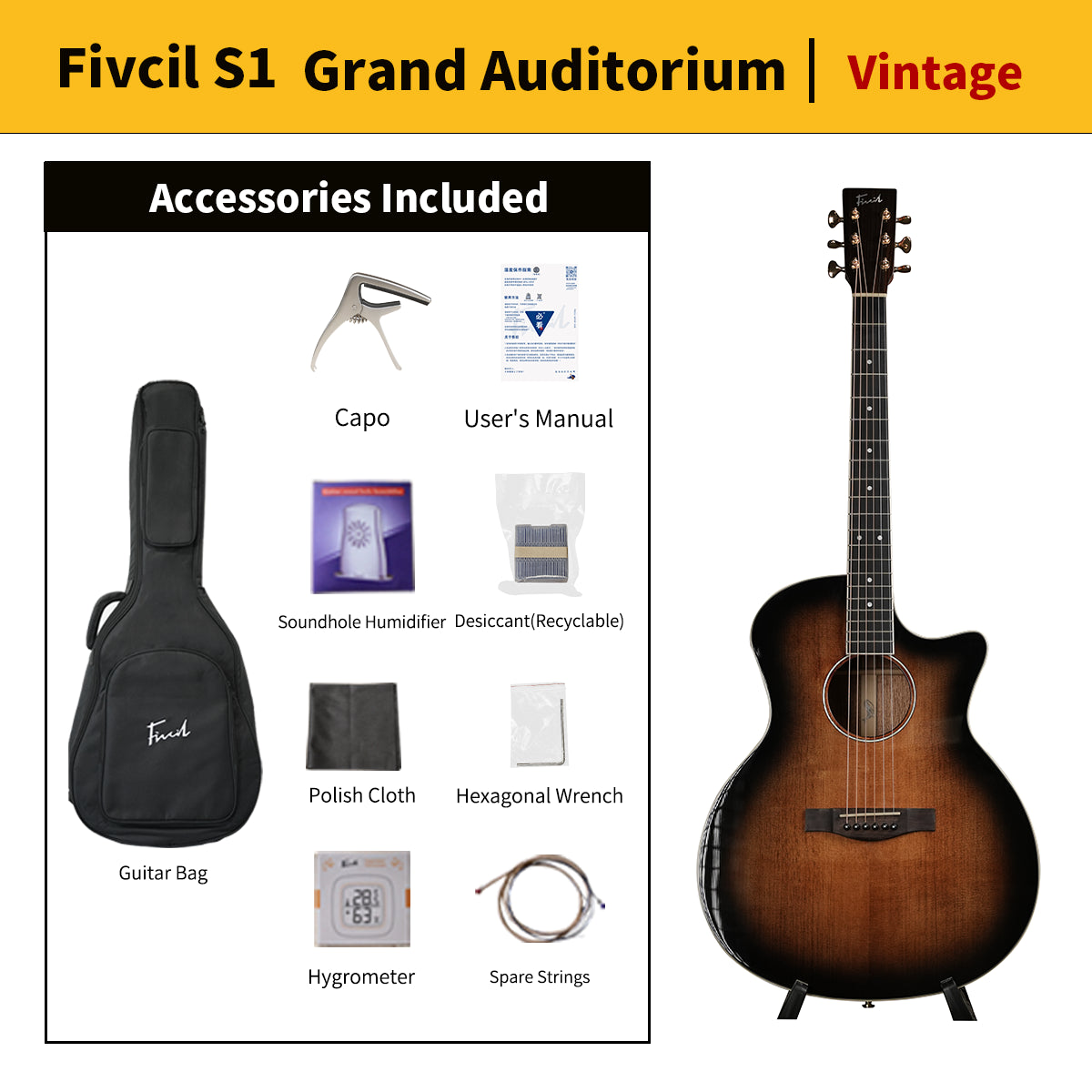 Fivcil S1 Grand Auditorium 41 Inch Acoustic Guitar