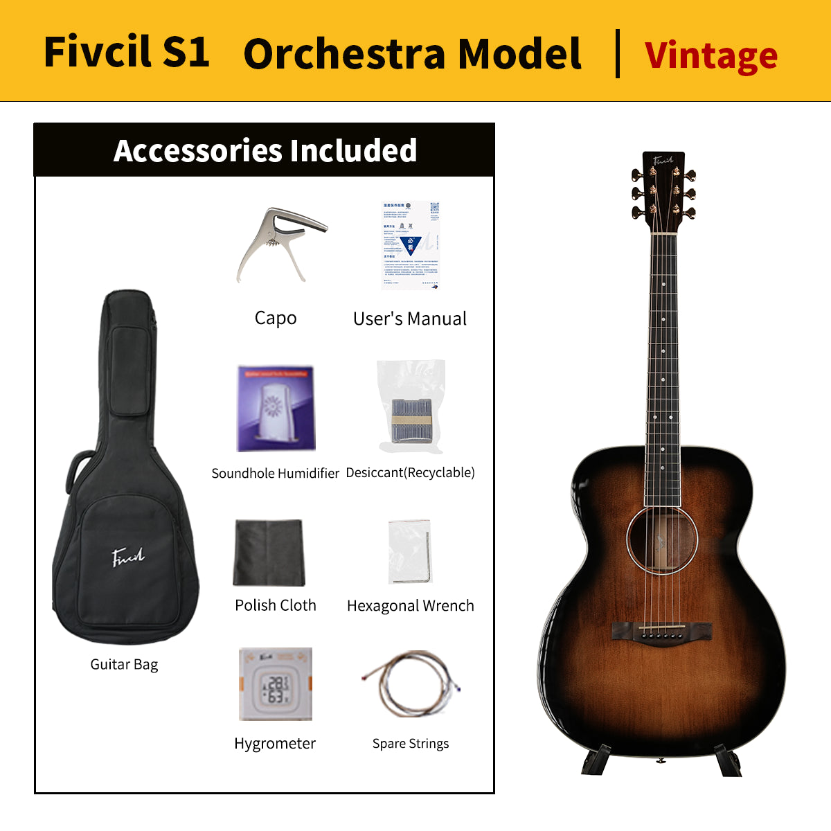 Fivcil S1 Orchestra Model 40 Inch Acoustic Guitar