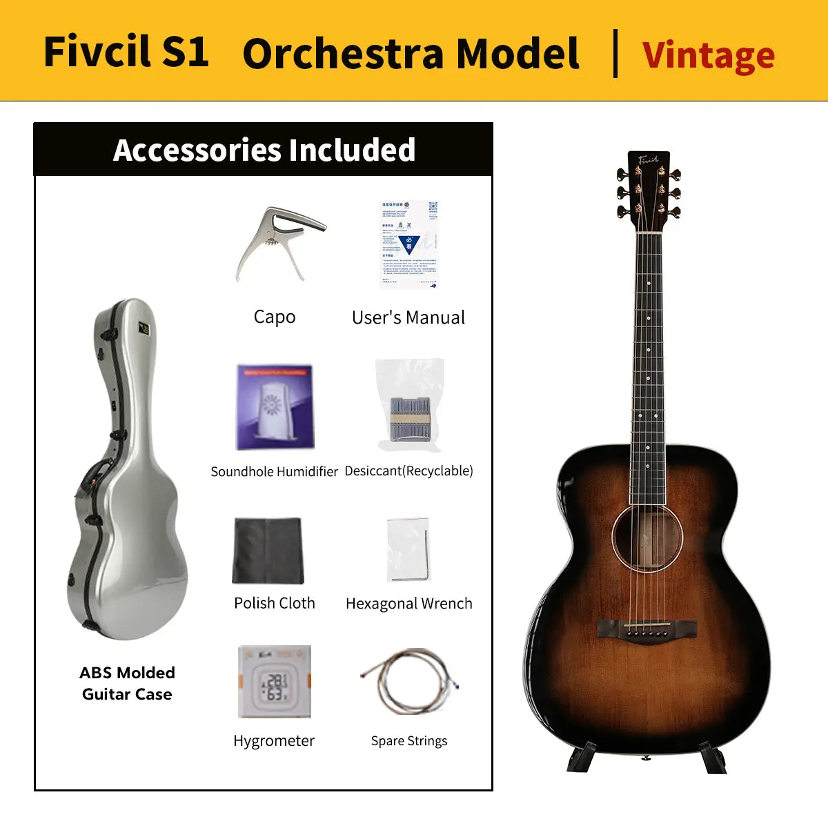 Fivcil S1 Orchestra Model 40 Inch Acoustic Guitar