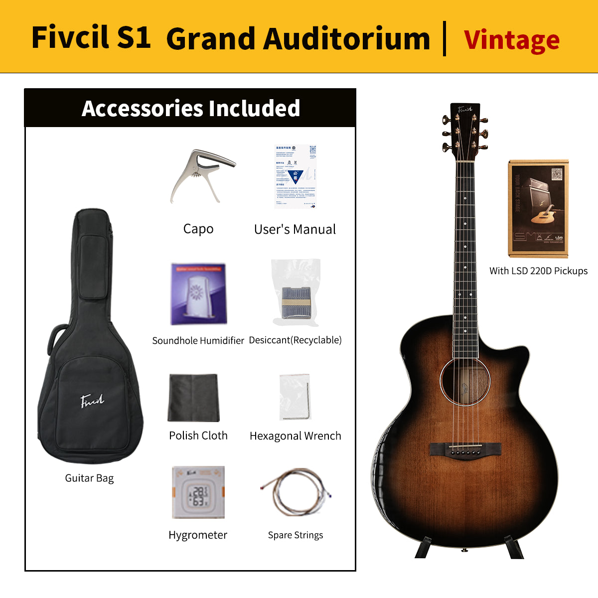 Fivcil S1 Grand Auditorium 41 Inch Acoustic Guitar