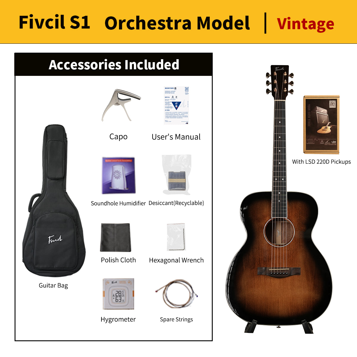 Fivcil S1 Orchestra Model 40 Inch Acoustic Guitar