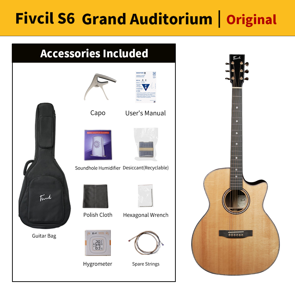 Fivcil S6 Grand Auditorium 41 Inch Acoustic Guitar