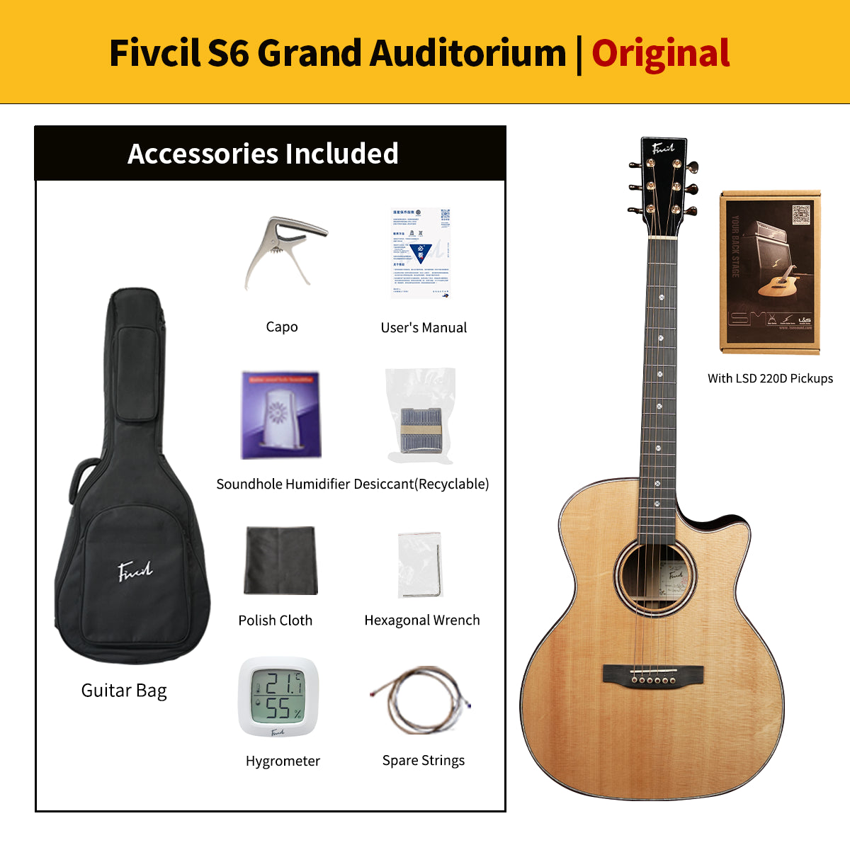 Fivcil S6 Grand Auditorium 41 Inch Acoustic Guitar