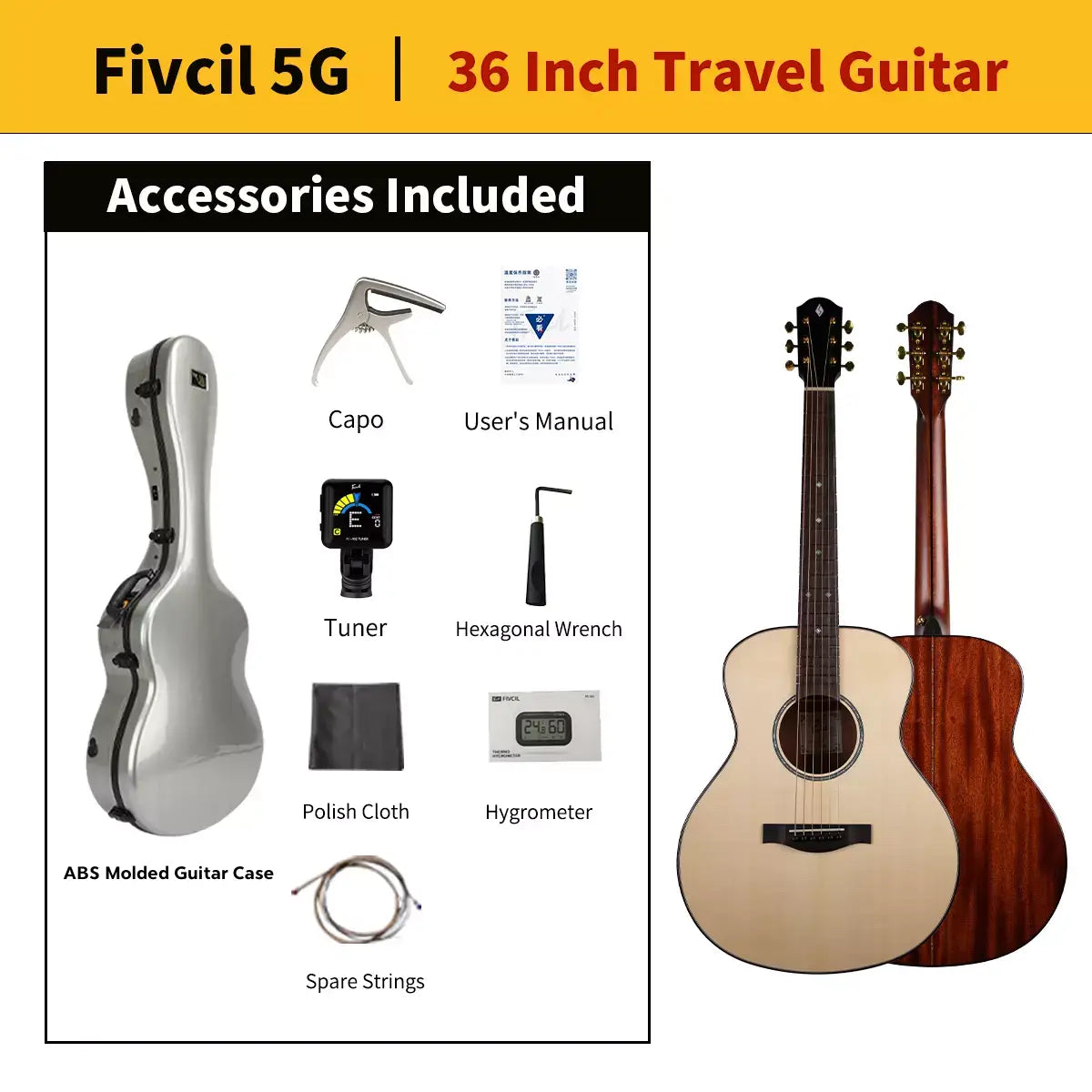 値下げ・fina＜FAV-350＞バイオリンシェイプ・ミニギター Fivcil 5G 36 Inch Adirondack/Cuban Mahogany Travel Acoustic