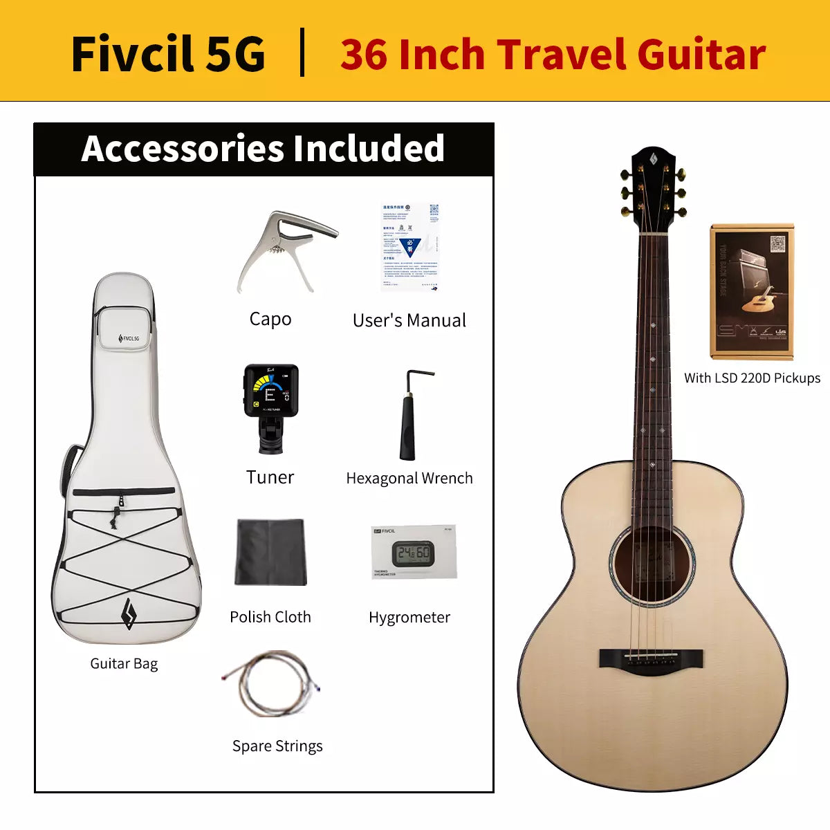 Fivcil 5G 36 Inch Adirondack Cuban Mahogany Travel Acoustic Guitar