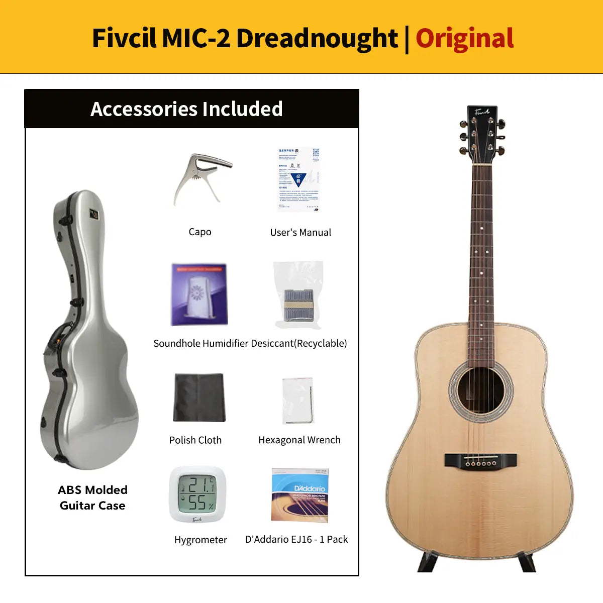 Fivcil MIC2 Easy to Play 6 String Thick Neck Dreadnought Acoustic Guitar Best Sitka Spruce Indian Rosewood Acoustic Guitar Under